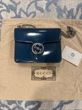 Gucci Teal Patent Leather Mini Crossbody with Silver GG Chain